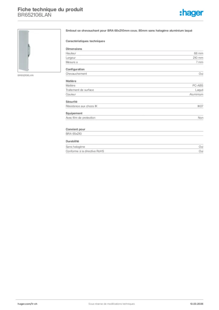 Image Hager Fiche technique du produit BR652106LAN | Hager Suisse