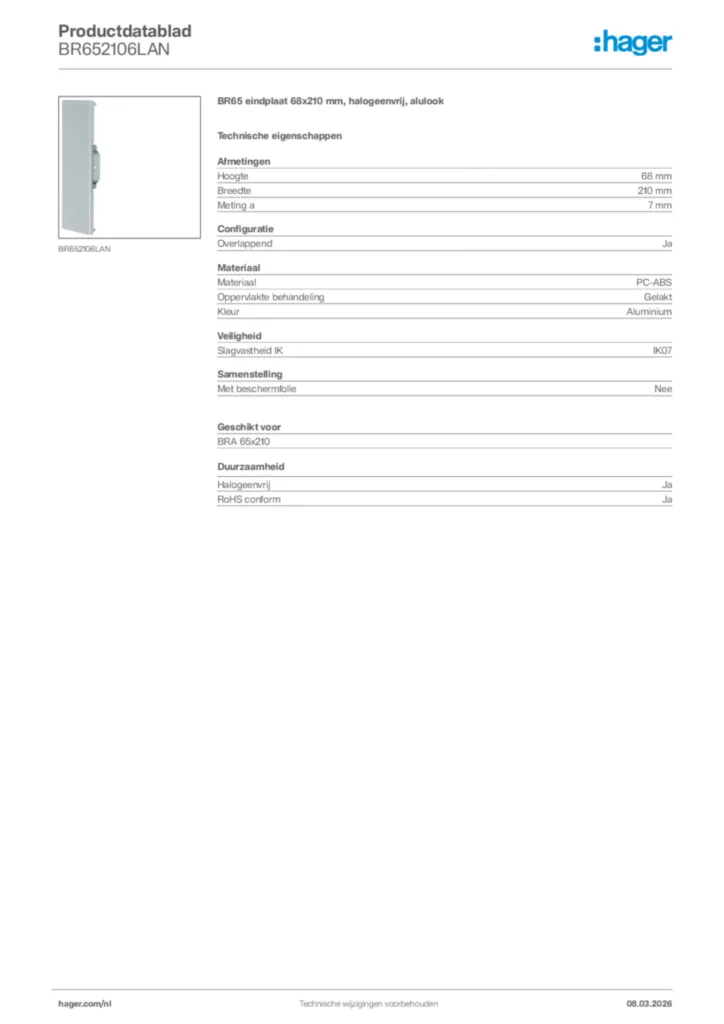 Afbeelding Hager Productdatablad BR652106LAN | Hager Nederland
