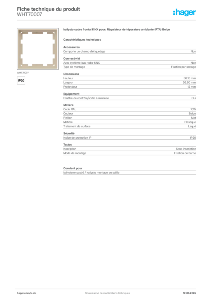 Image Hager Fiche technique du produit WHT70007 | Hager Suisse