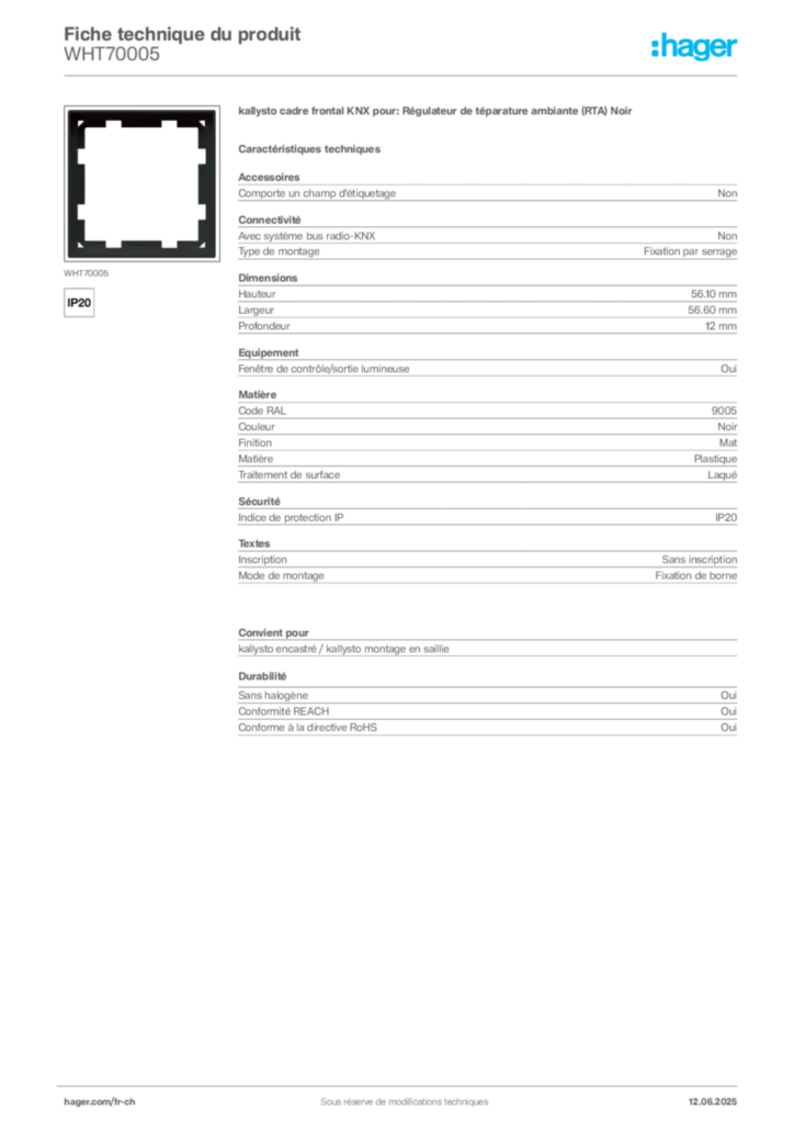 Image Hager Fiche technique du produit WHT70005 | Hager Suisse