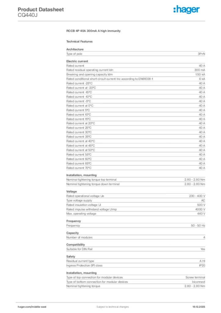 Image Hager Product data sheet CQ440J  | Hager