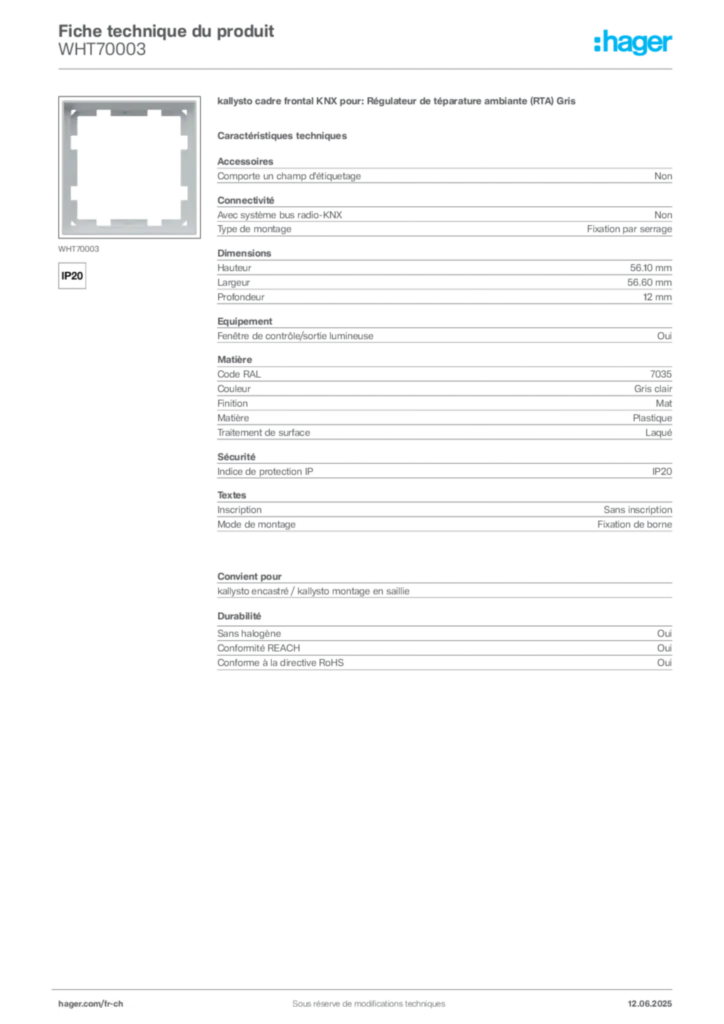 Image Hager Fiche technique du produit WHT70003 | Hager Suisse