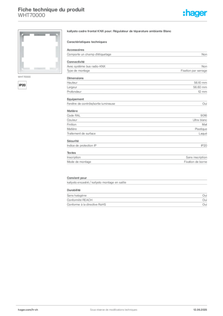 Image Hager Fiche technique du produit WHT70000 | Hager Suisse