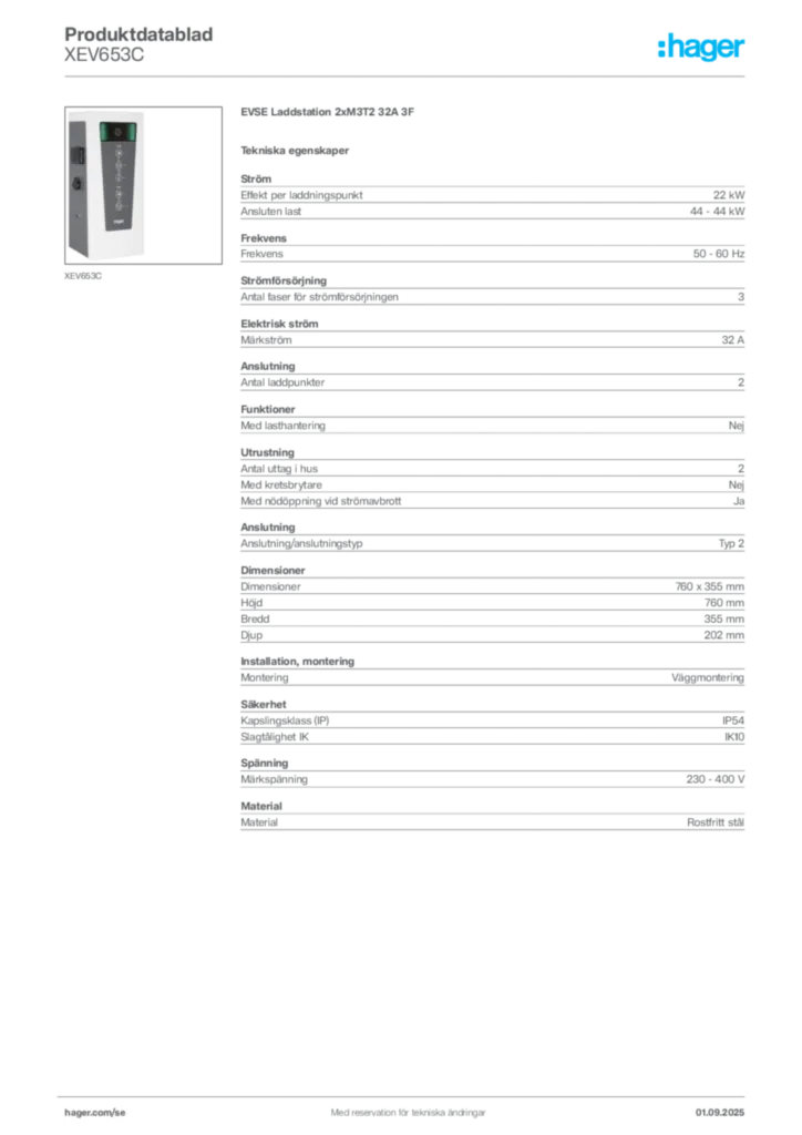 Bild Hager Produktdatablad XEV653C | Hager Sverige