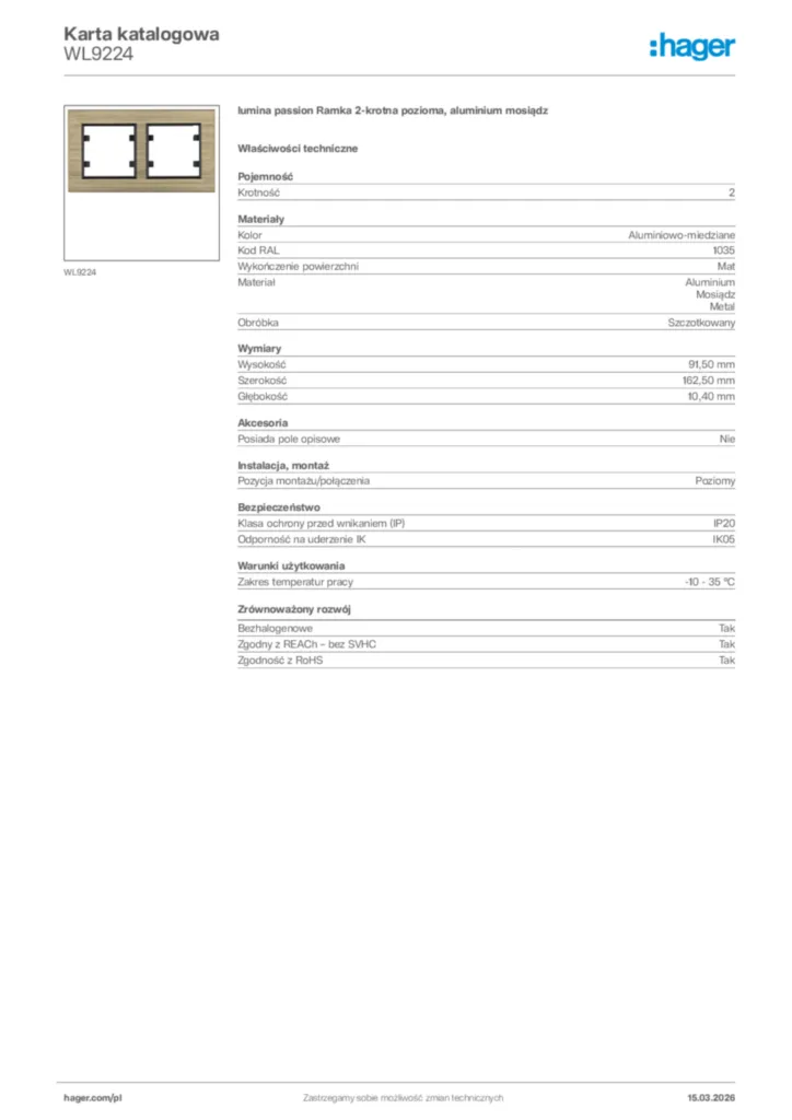Zdjęcie Hager Karta katalogowa WL9224 | Hager Polska