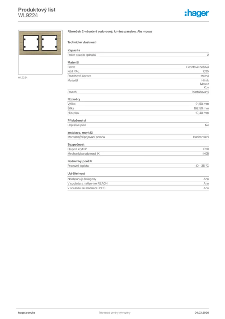 Obrázek Hager Product data sheet WL9224 | Hager
