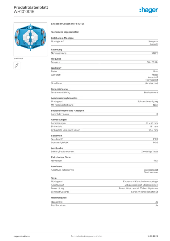 Bild Hager Produktdatenblatt WH101001E | Hager Schweiz