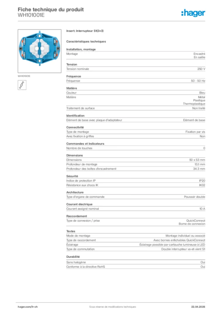 Image Hager Fiche technique du produit WH101001E | Hager Suisse