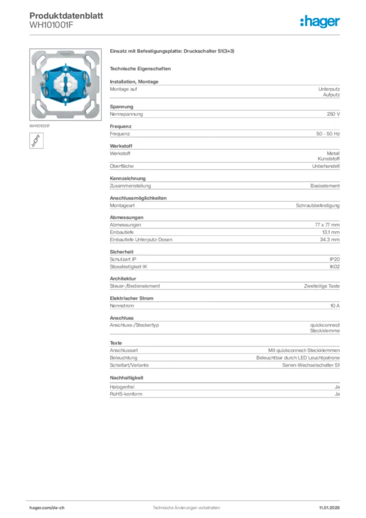 Bild Hager Produktdatenblatt WH101001F | Hager Schweiz