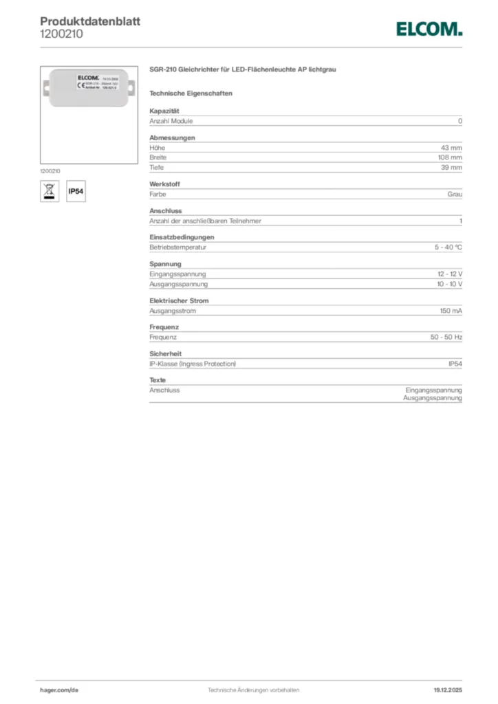 Bild Elcom Produktdatenblatt 1200210 | Hager Deutschland