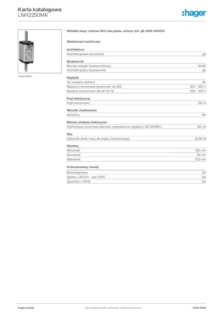 Zdjęcie Hager Karta katalogowa LNH2250MK | Hager Polska