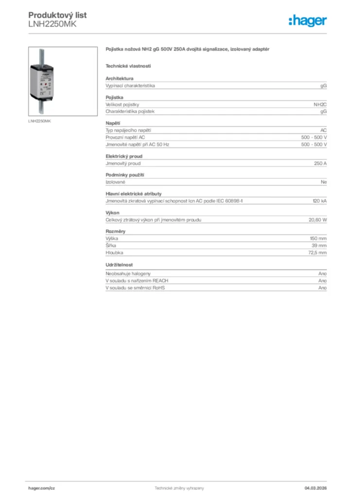 Obrázek Hager Product data sheet LNH2250MK | Hager