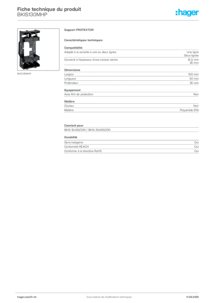 Image Hager Fiche technique du produit BKIS130MHP | Hager Suisse