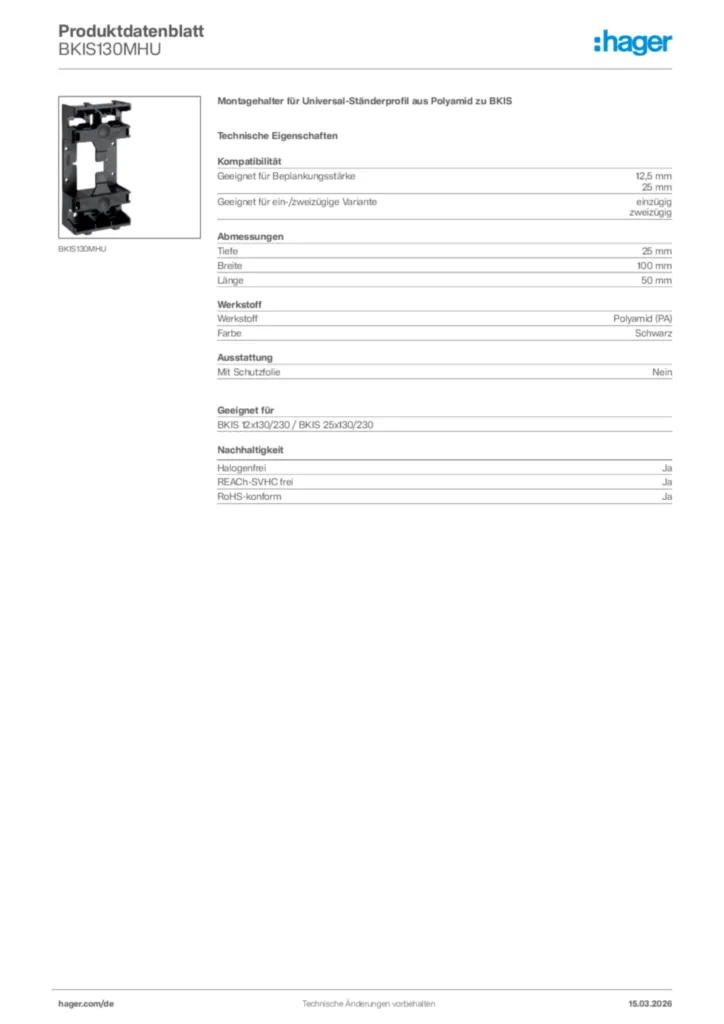 Bild Hager Produktdatenblatt BKIS130MHU | Hager Deutschland