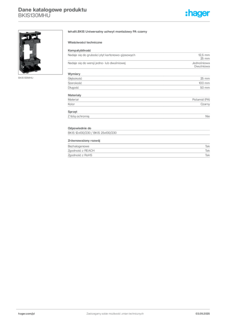 Zdjęcie Hager Karta katalogowa BKIS130MHU | Hager Polska