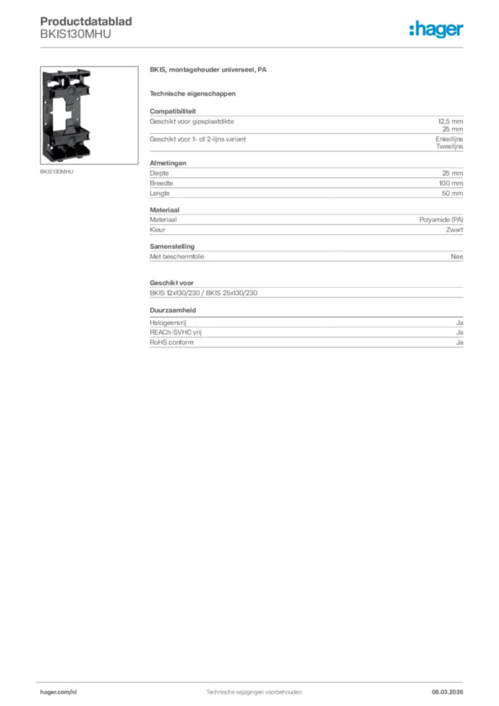 Afbeelding Hager Productdatablad BKIS130MHU | Hager Nederland