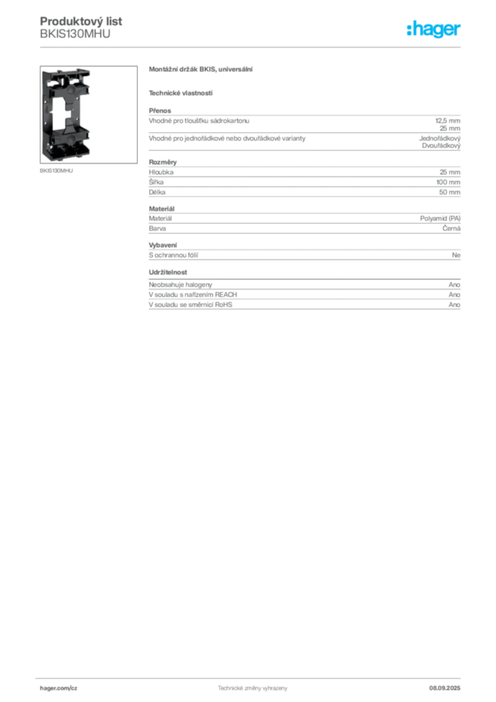 Obrázek Hager Produktový list BKIS130MHU | Hager