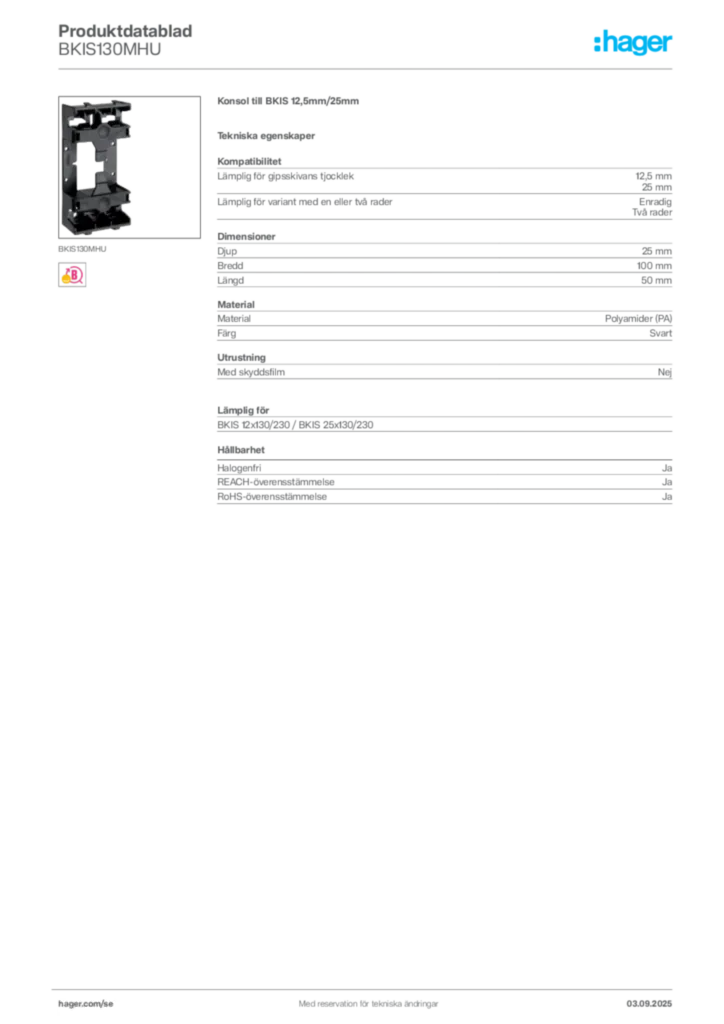 Bild Hager Produktdatablad BKIS130MHU | Hager Sverige