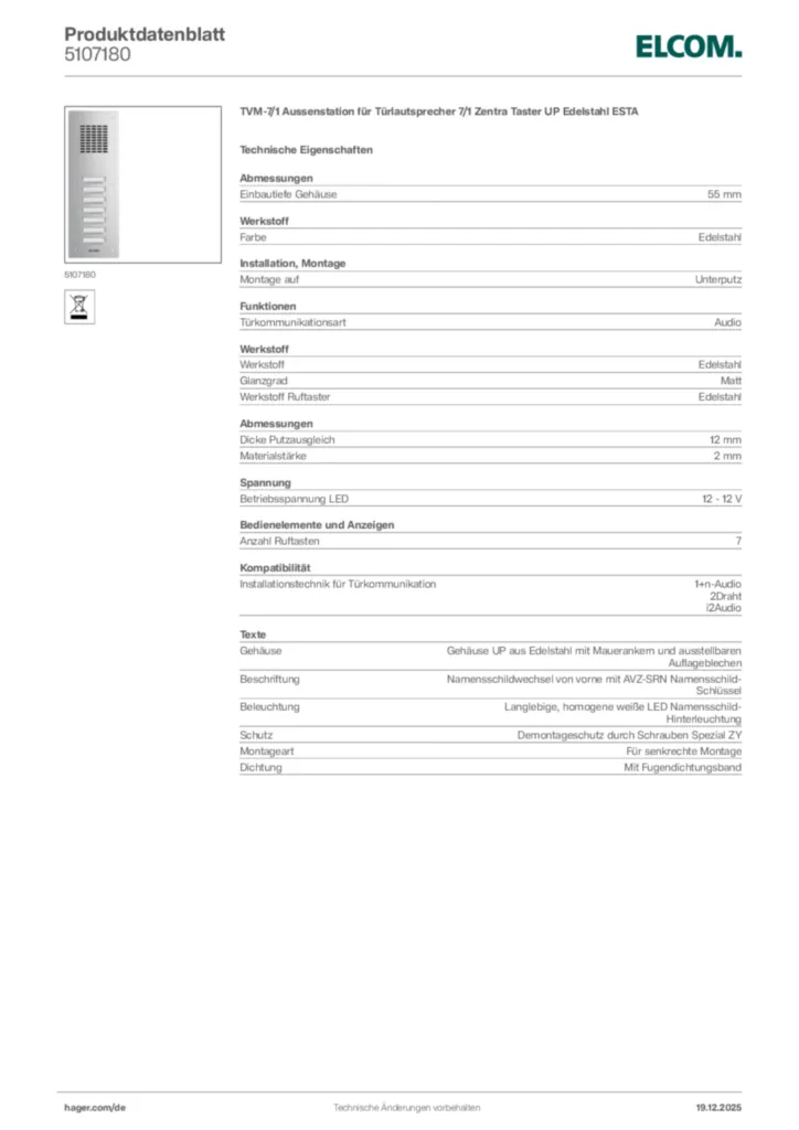 Bild Elcom Produktdatenblatt 5107180 | Hager Deutschland