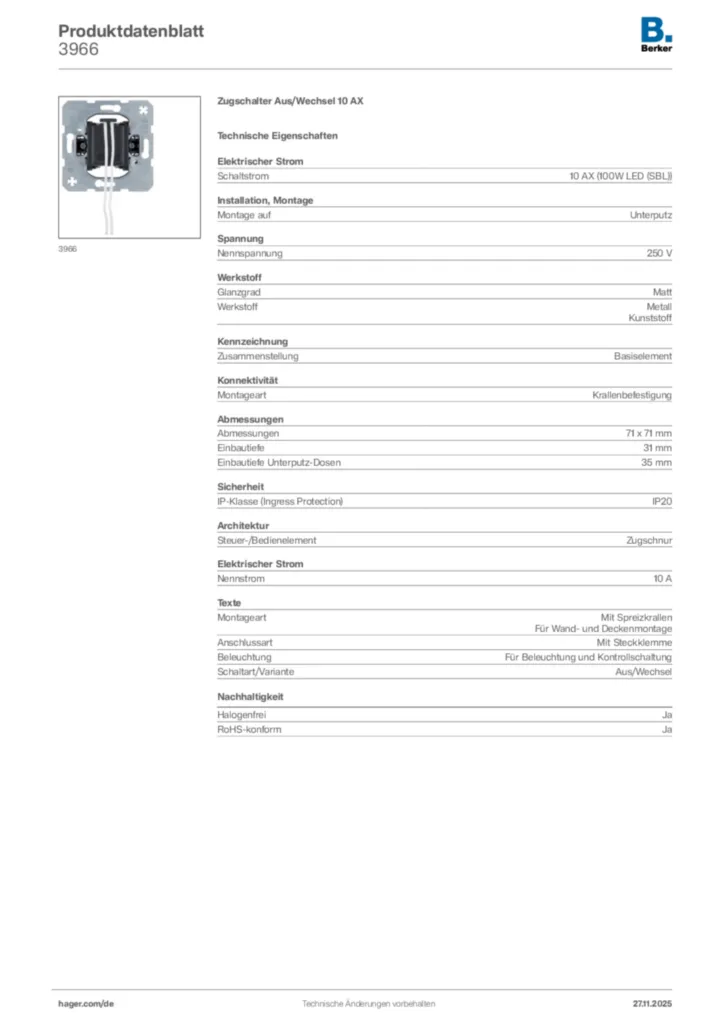 Bild Berker Produktdatenblatt 3966 | Hager Deutschland