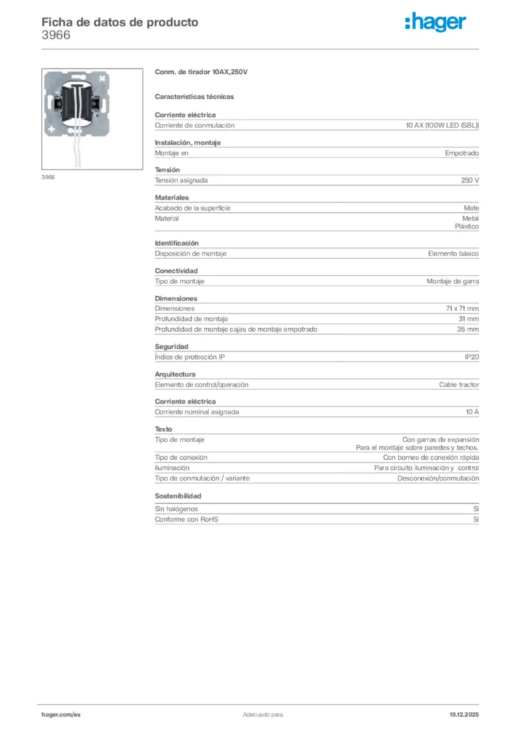 Imagen Hager Ficha de datos de producto 3966 | Hager España
