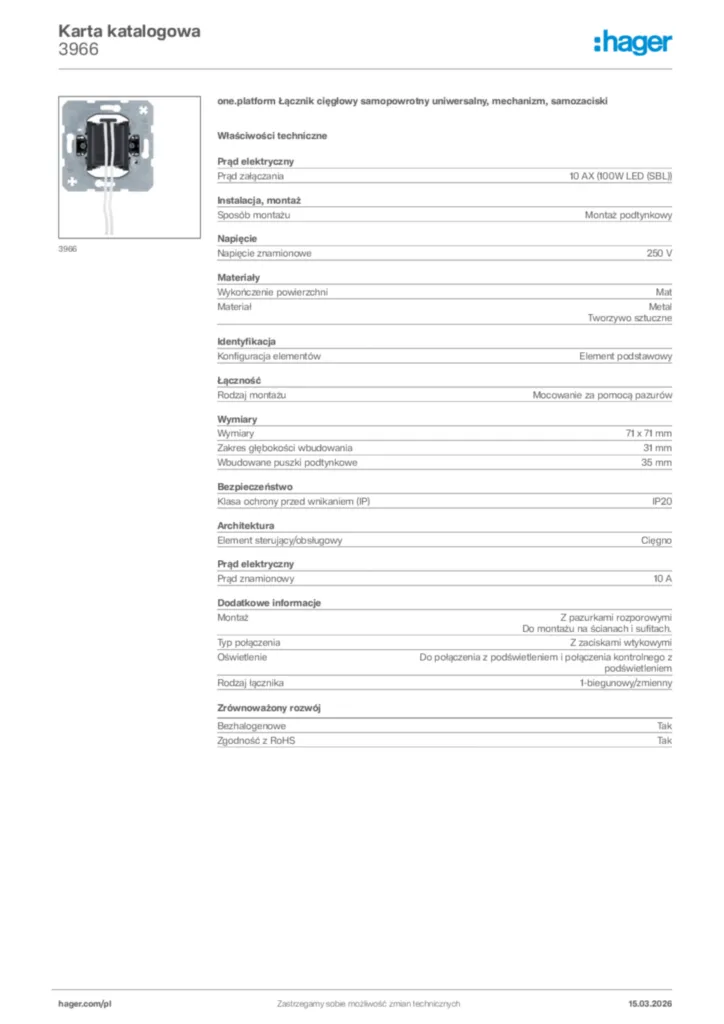 Zdjęcie Hager Karta katalogowa 3966 | Hager Polska