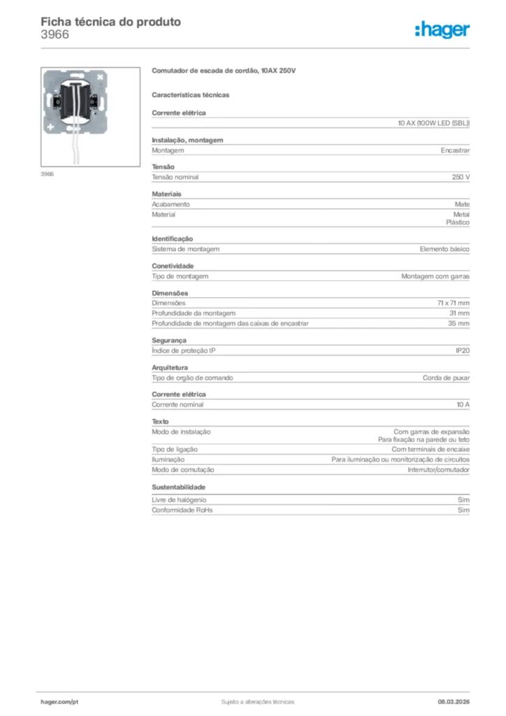 Imagem Hager Ficha técnica do produto 3966 | Hager Portugal