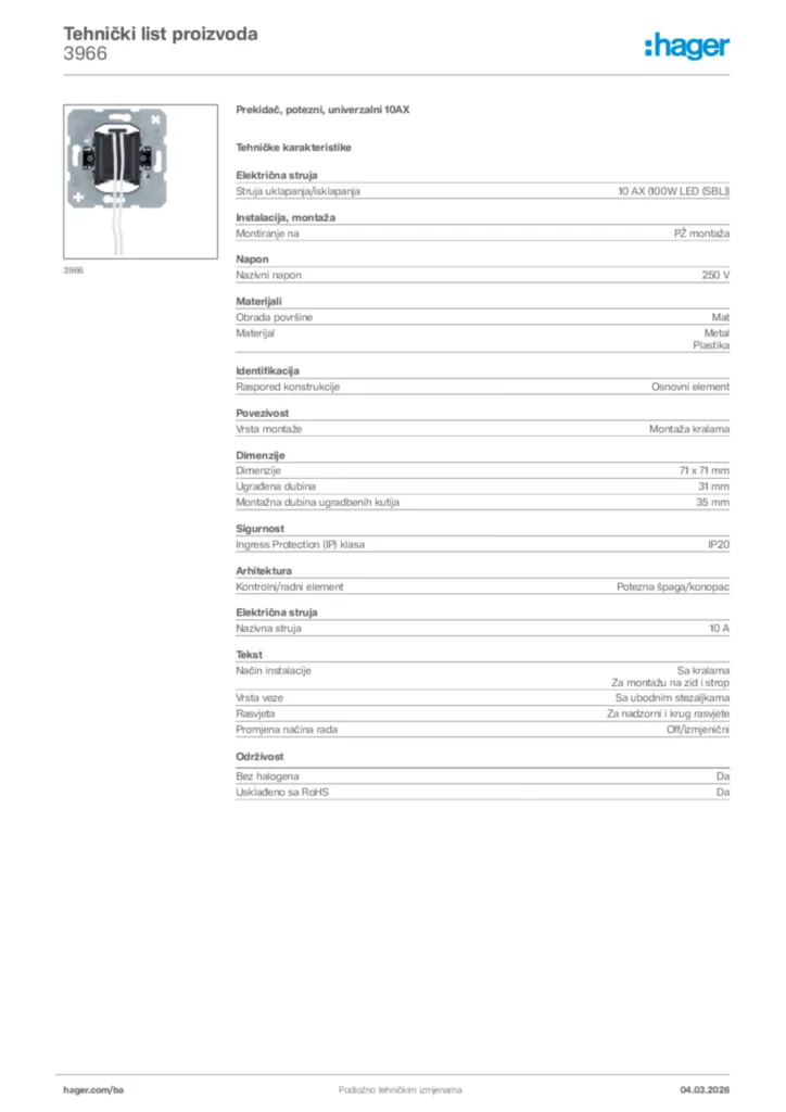 Slika Hager Tehnički list proizvoda 3966  | Hager