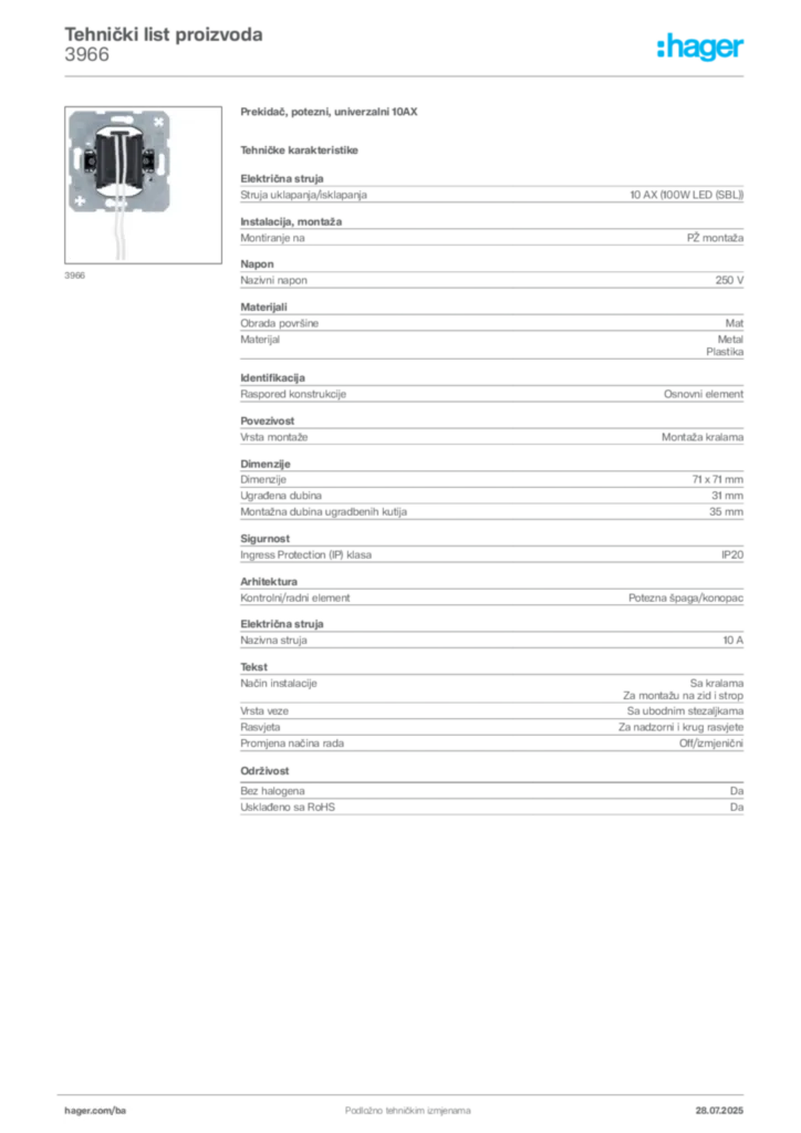 Slika Hager Product data sheet 3966  | Hager