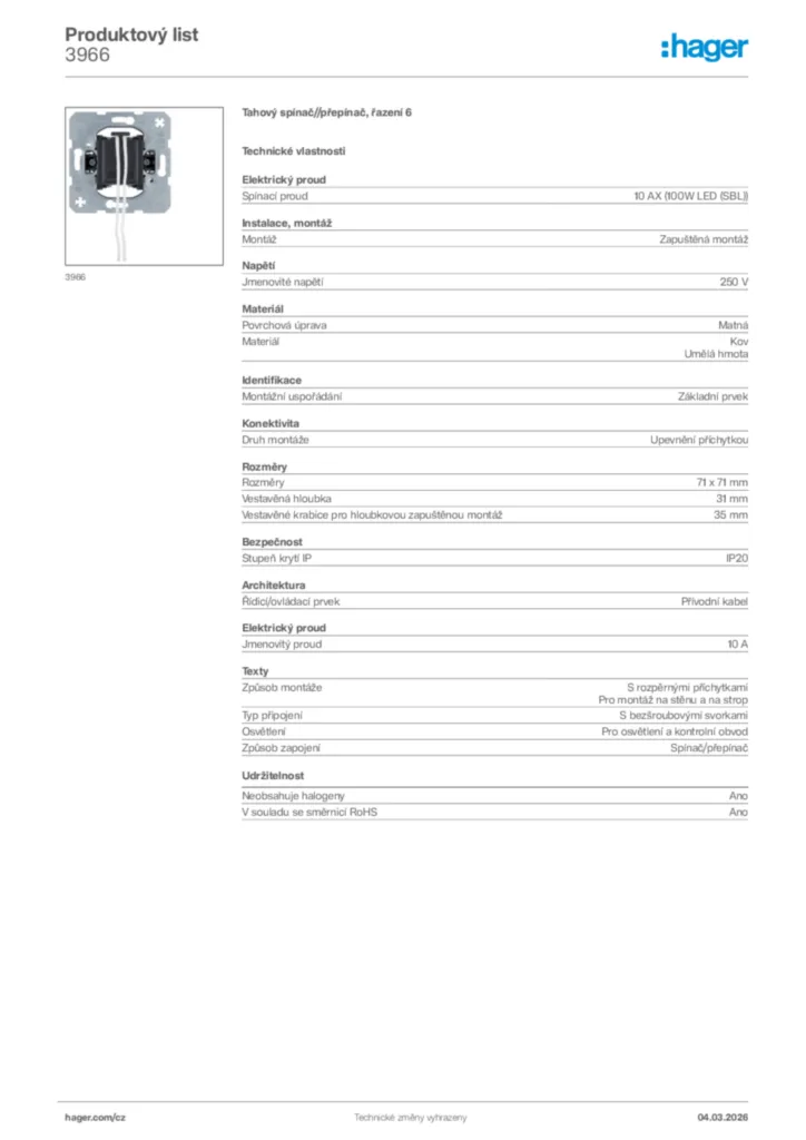 Obrázek Hager Product data sheet 3966 | Hager