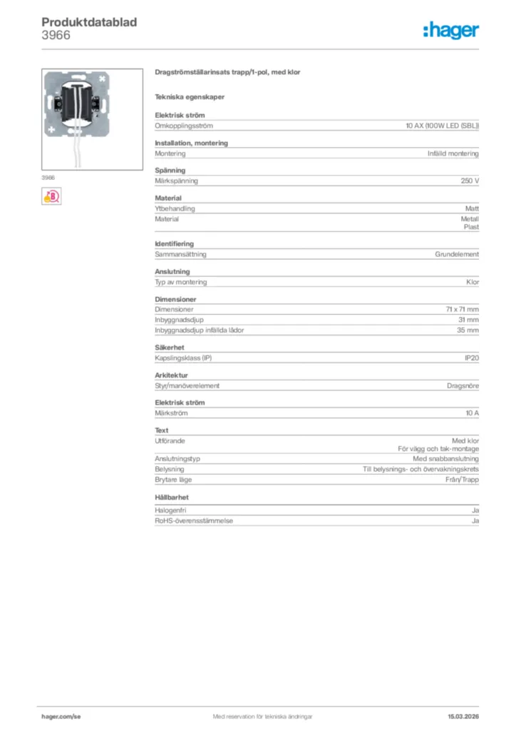 Bild Hager Produktdatablad 3966 | Hager Sverige