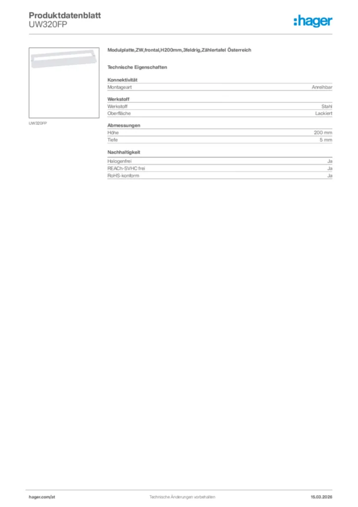 Bild Hager Produktdatenblatt UW320FP | Hager Deutschland