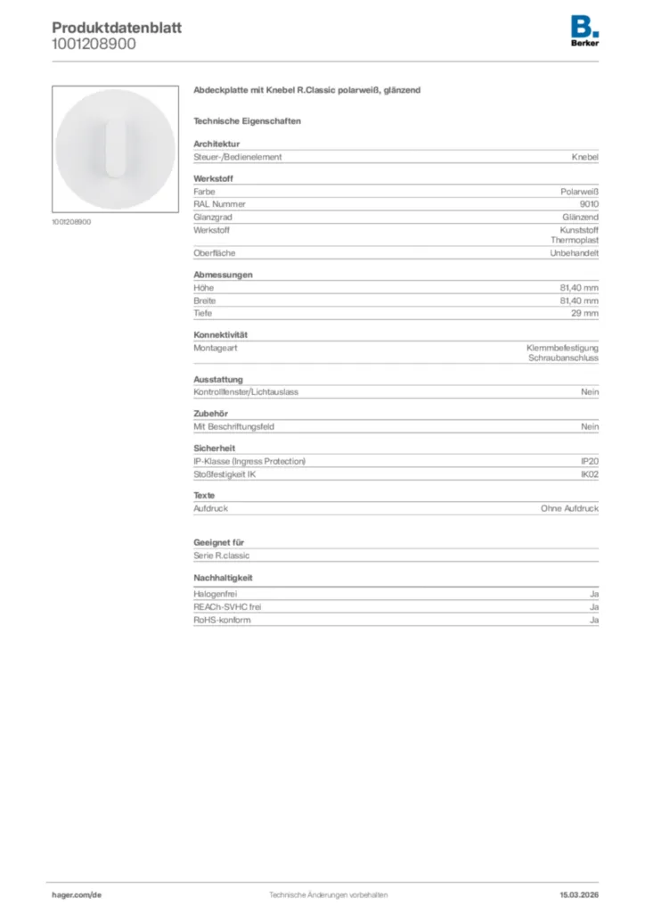 Bild Berker Produktdatenblatt 1001208900 | Hager Deutschland