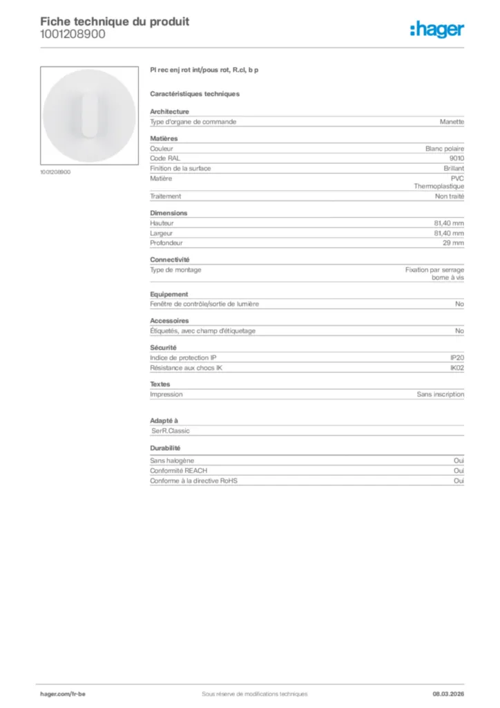 Image Hager Fiche technique du produit 1001208900 | Hager Belgique