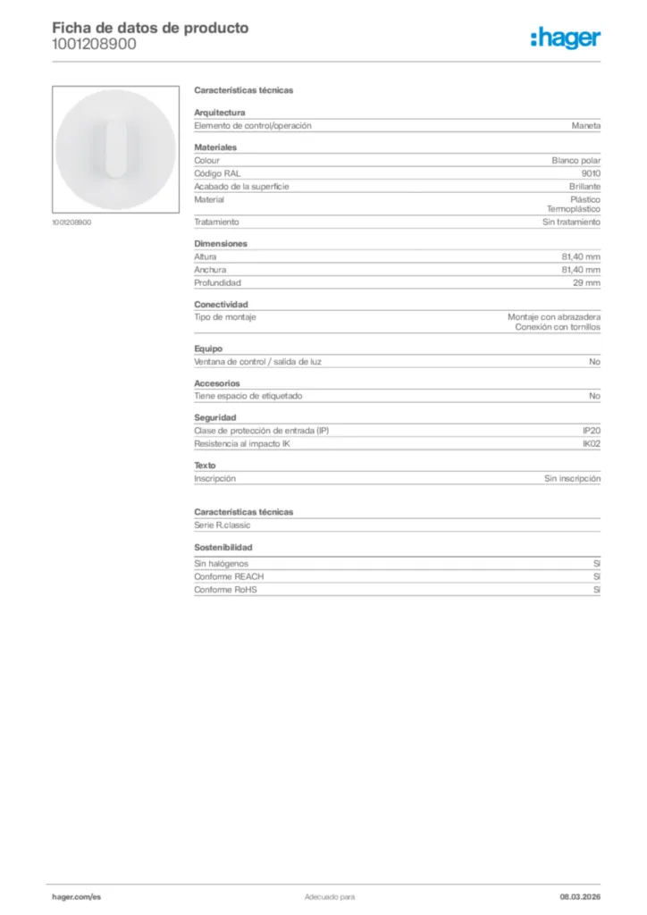 Imagen Hager Ficha de datos de producto 1001208900 | Hager España