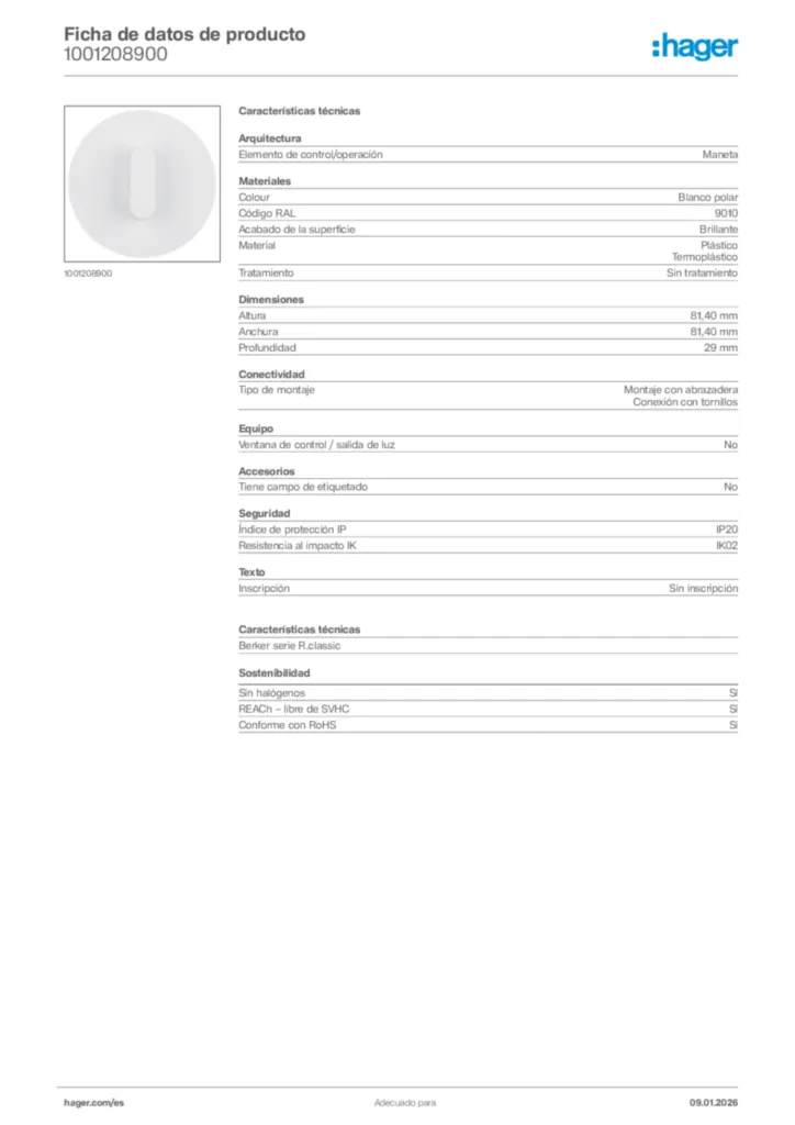 Imagen Hager Ficha de datos de producto 1001208900 | Hager España