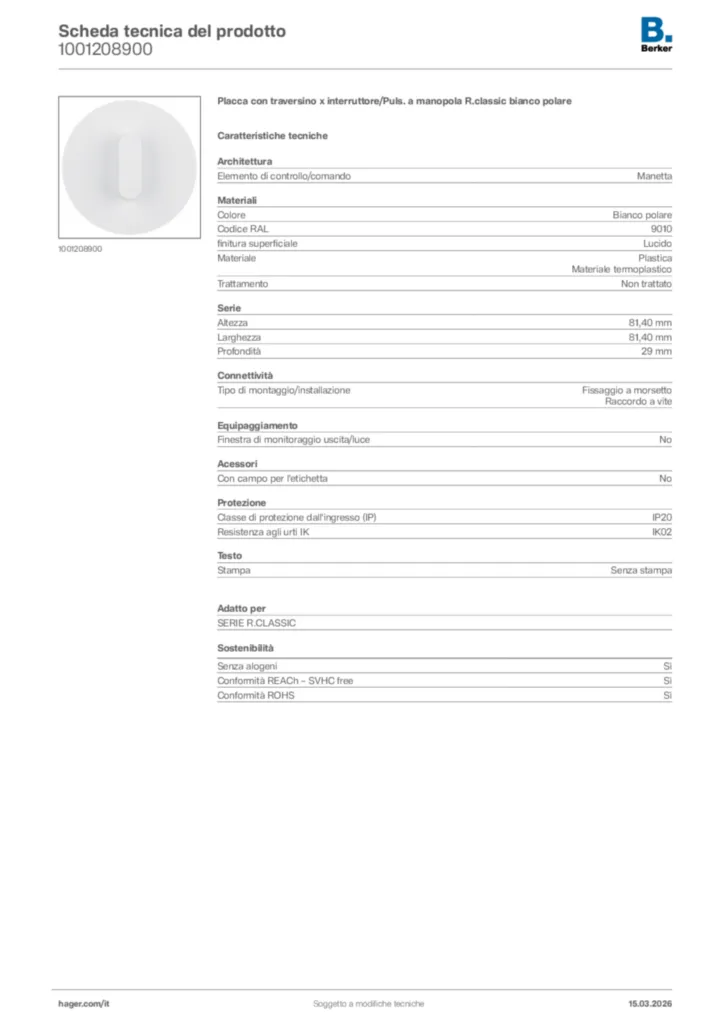 Immagine Berker Scheda tecnica del prodotto 1001208900 | Hager Italia