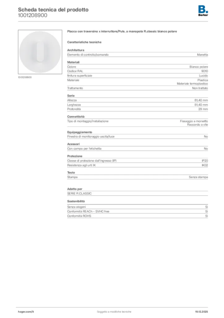 Immagine Berker Scheda tecnica del prodotto 1001208900 | Hager Italia