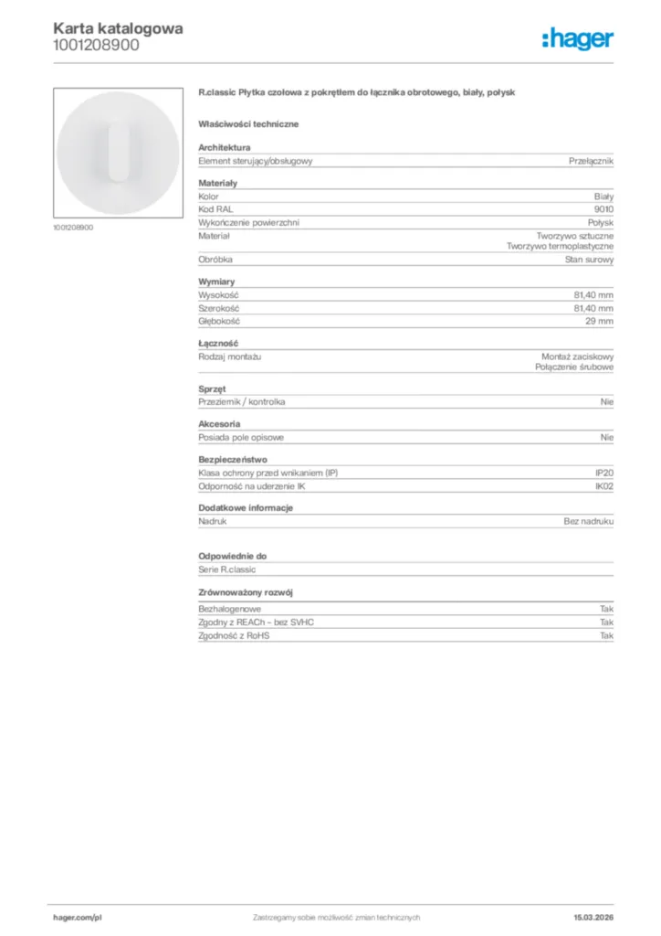 Zdjęcie Hager Karta katalogowa 1001208900 | Hager Polska
