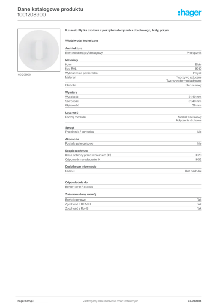Zdjęcie Hager Karta katalogowa 1001208900 | Hager Polska