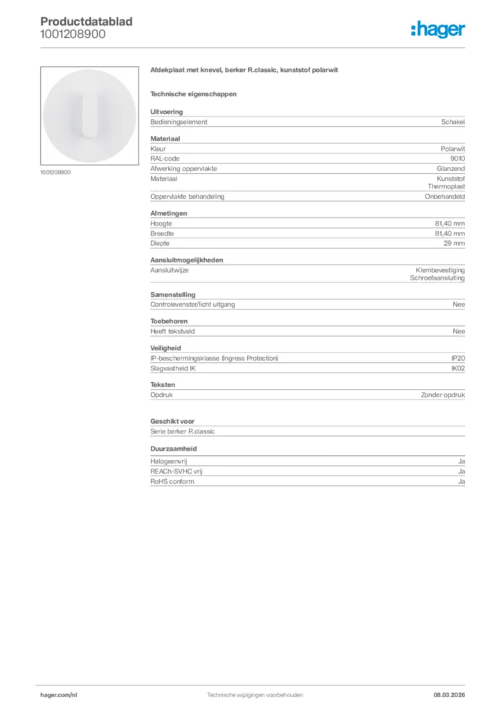 Afbeelding Hager Productdatablad 1001208900 | Hager Nederland
