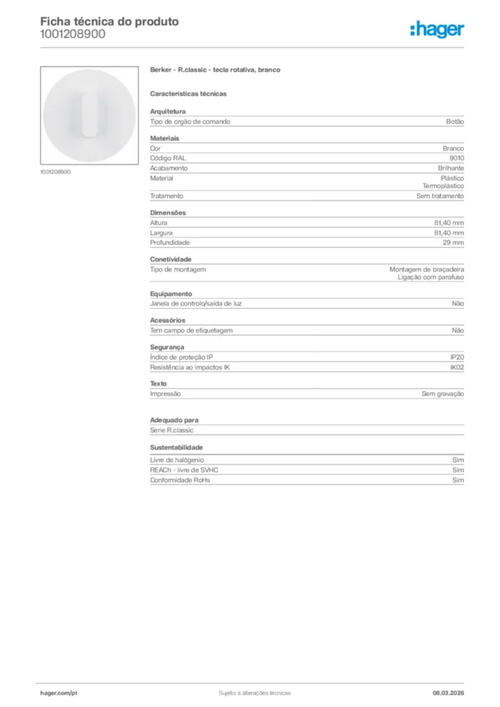 Imagem Hager Ficha técnica do produto 1001208900 | Hager Portugal