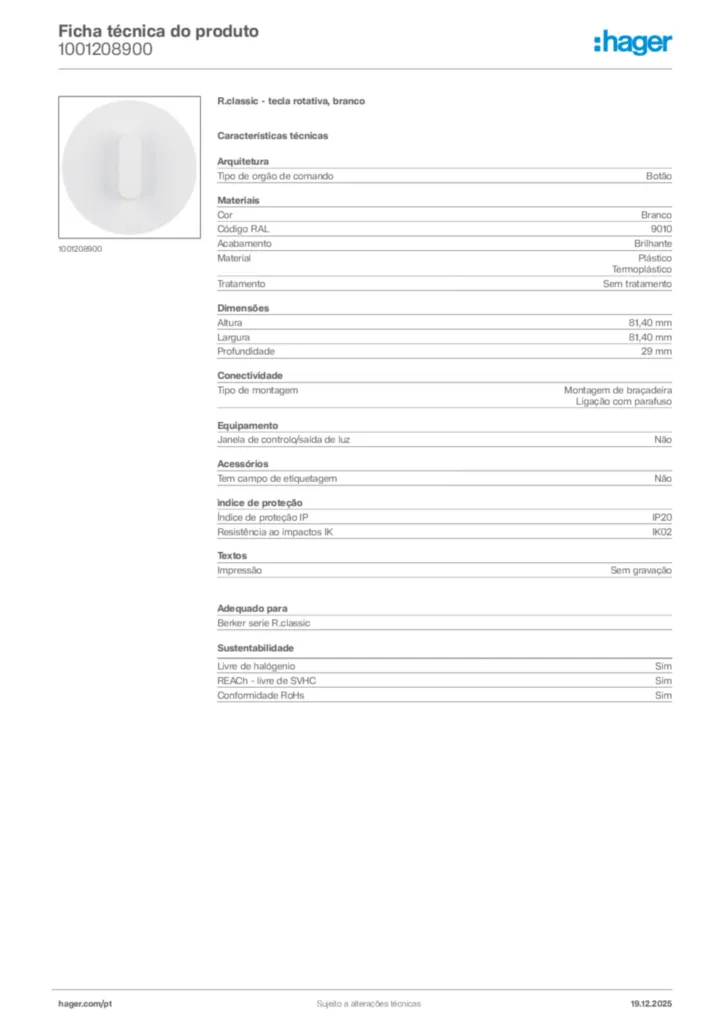 Imagem Hager Ficha técnica do produto 1001208900 | Hager Portugal