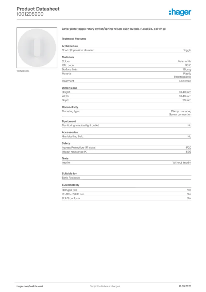 Image Hager Product data sheet 1001208900  | Hager