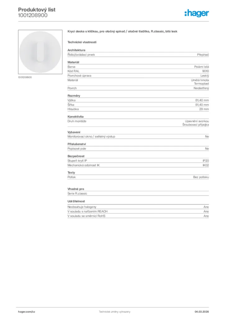 Obrázek Hager Product data sheet 1001208900 | Hager