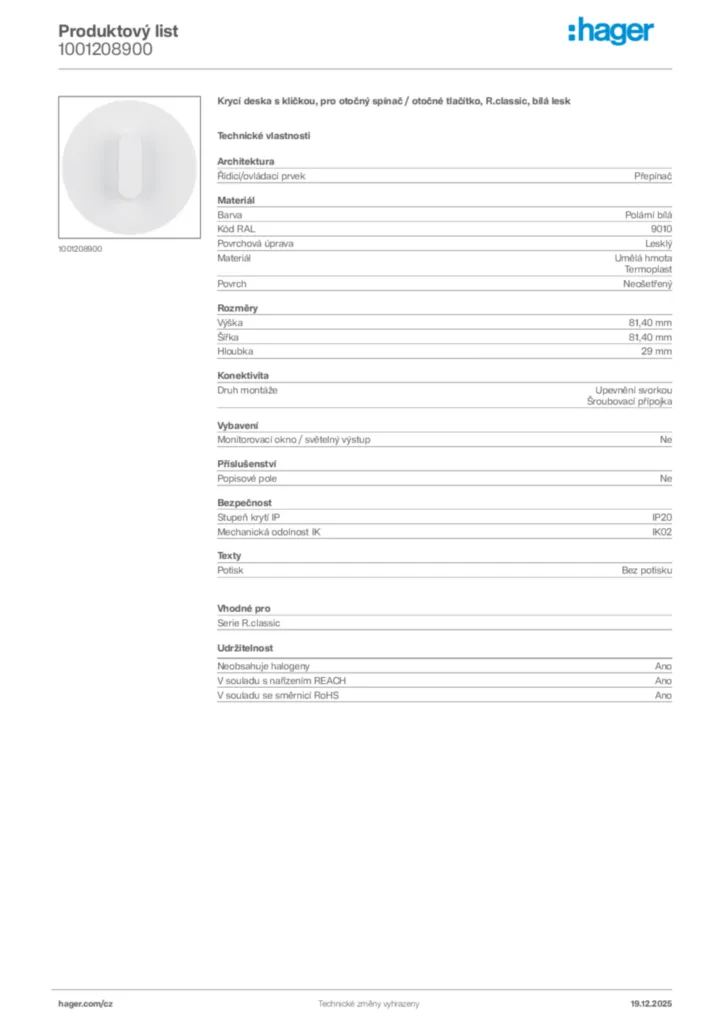 Obrázek Hager Produktový list 1001208900 | Hager