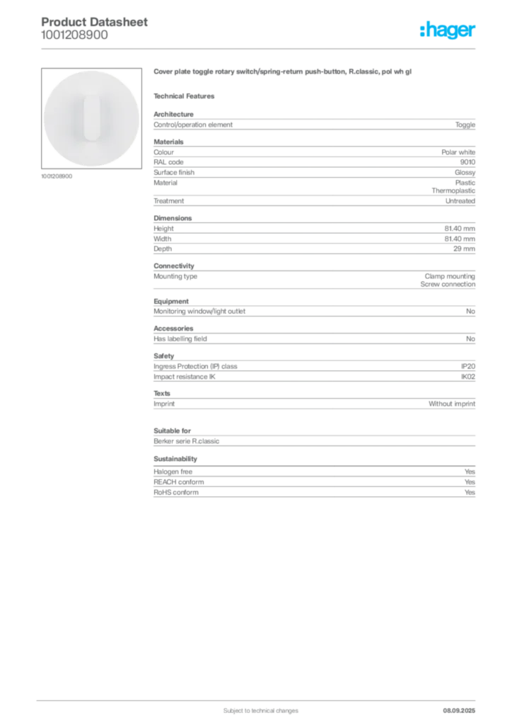 Image Hager Product data sheet 1001208900  | Hager