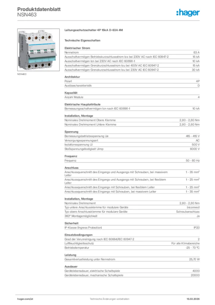 Bild Hager Produktdatenblatt NSN463 | Hager Deutschland