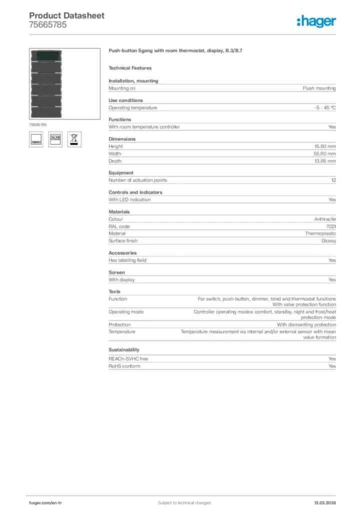 Image Hager Product data sheet 75665785  | Hager