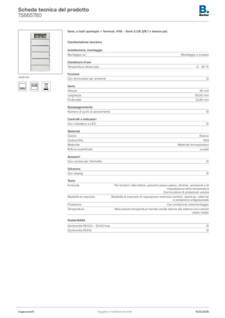 Immagine Berker Scheda tecnica del prodotto 75665780 | Hager Italia